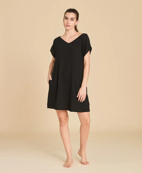 Robe courte avec poches en gaze de coton Beach couleur Black