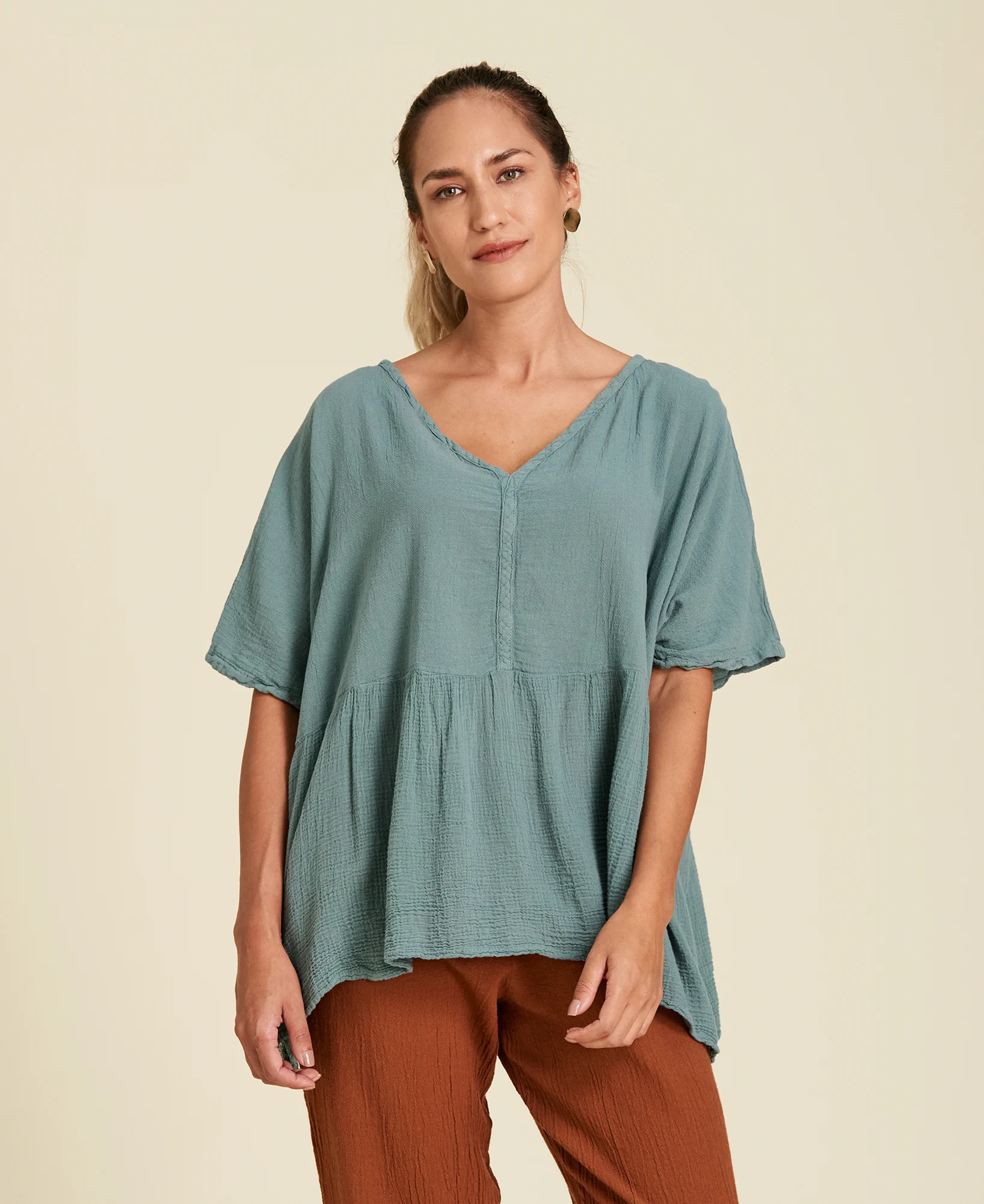 Blouse ample en coton à manches courtes London en couleur Agave