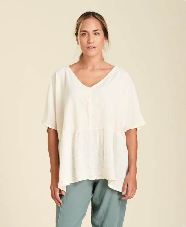 Soldes 24 Blouse ample en coton à manches courtes London en couleur Bone