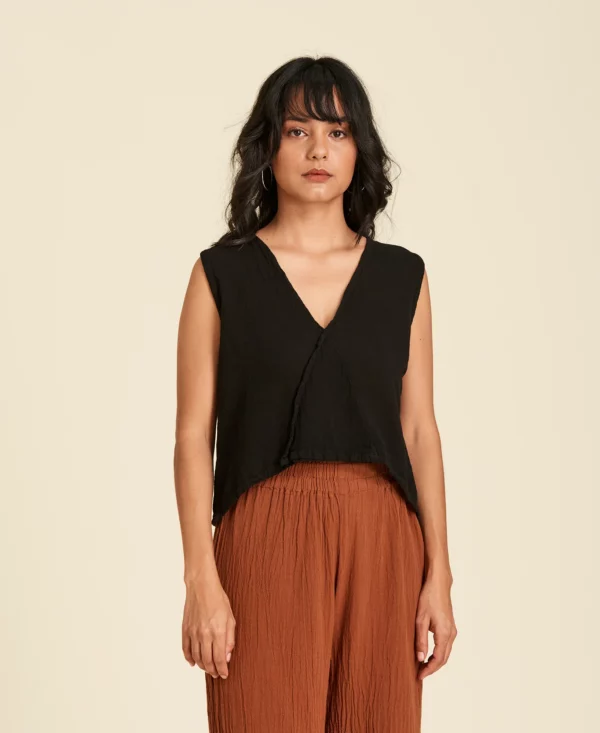 Top court sans manches en gaze de coton Luisa en couleur Black