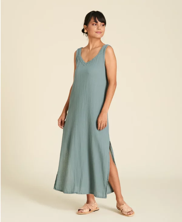 Robe longue à larges bretelles en gaze de coton Sangria en couleur Agave