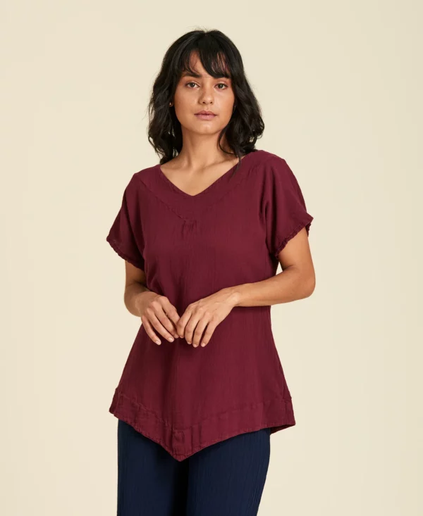 Blouse ample en coton manches courtes col V Venice en couleur Beet