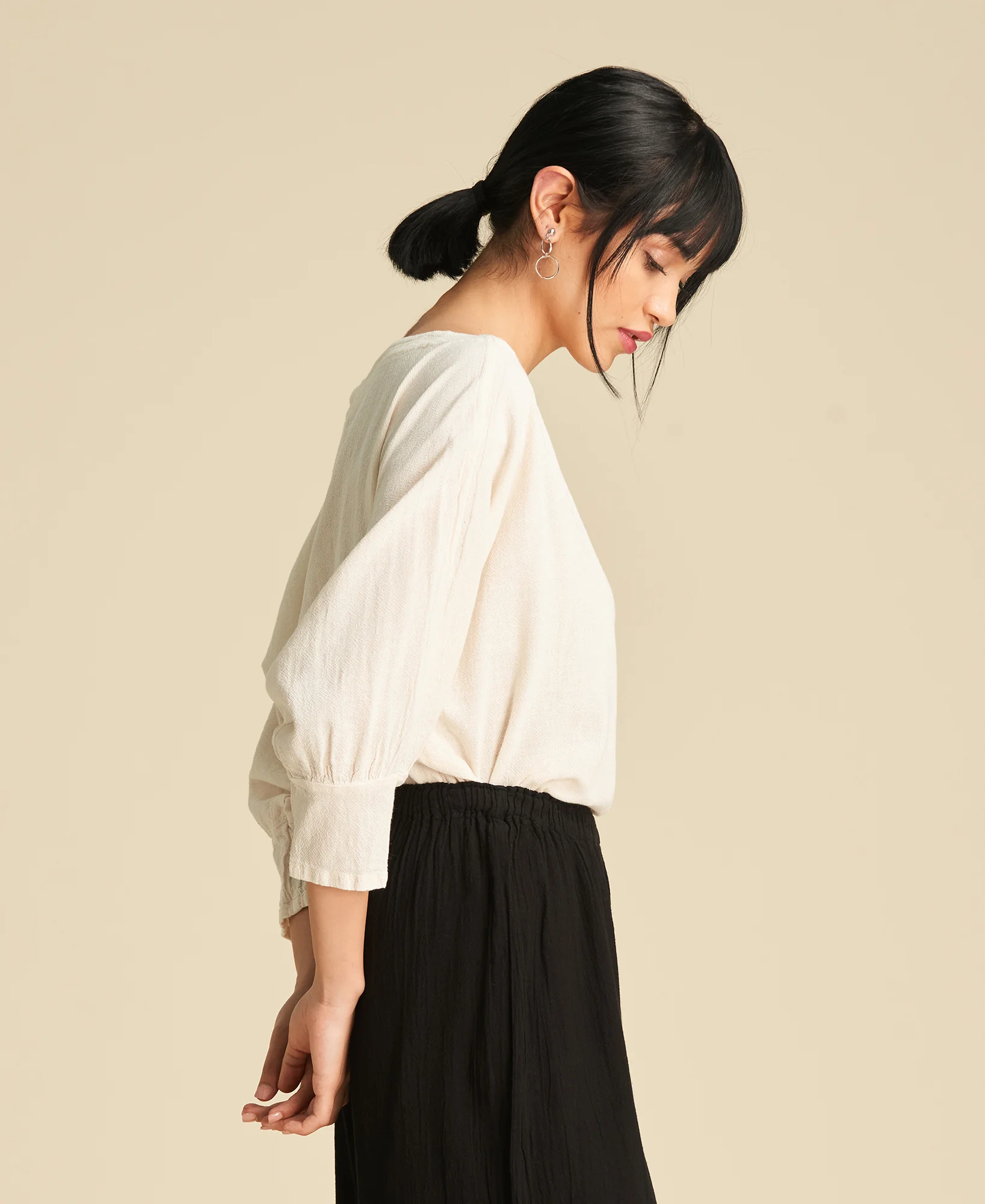 Blouse ample en coton avec manche 3⁄4 bouffante Marina en couleur Bone