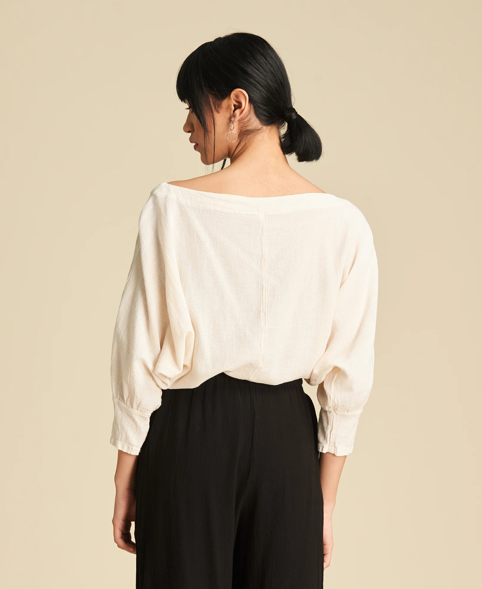 Blouse ample en coton avec manche 3⁄4 bouffante Marina en couleur Bone