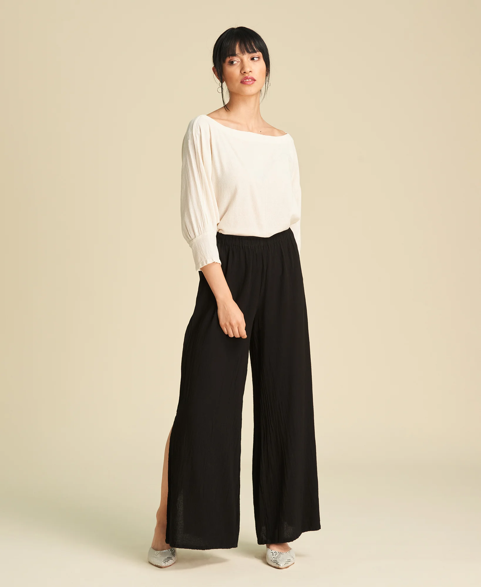 Blouse ample en coton avec manche 3⁄4 bouffante Marina en couleur Bone