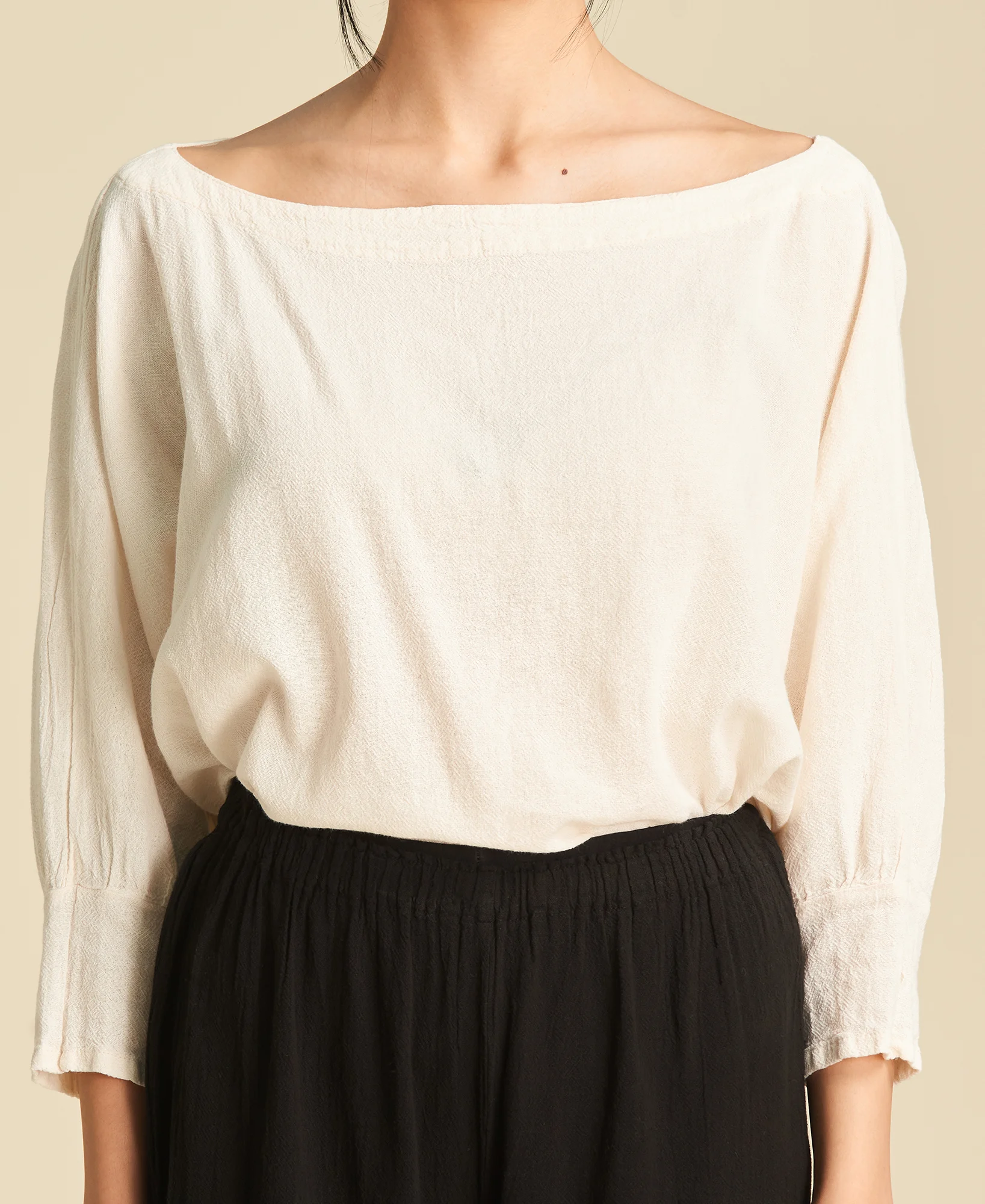 Blouse ample en coton avec manche 3⁄4 bouffante Marina en couleur Bone