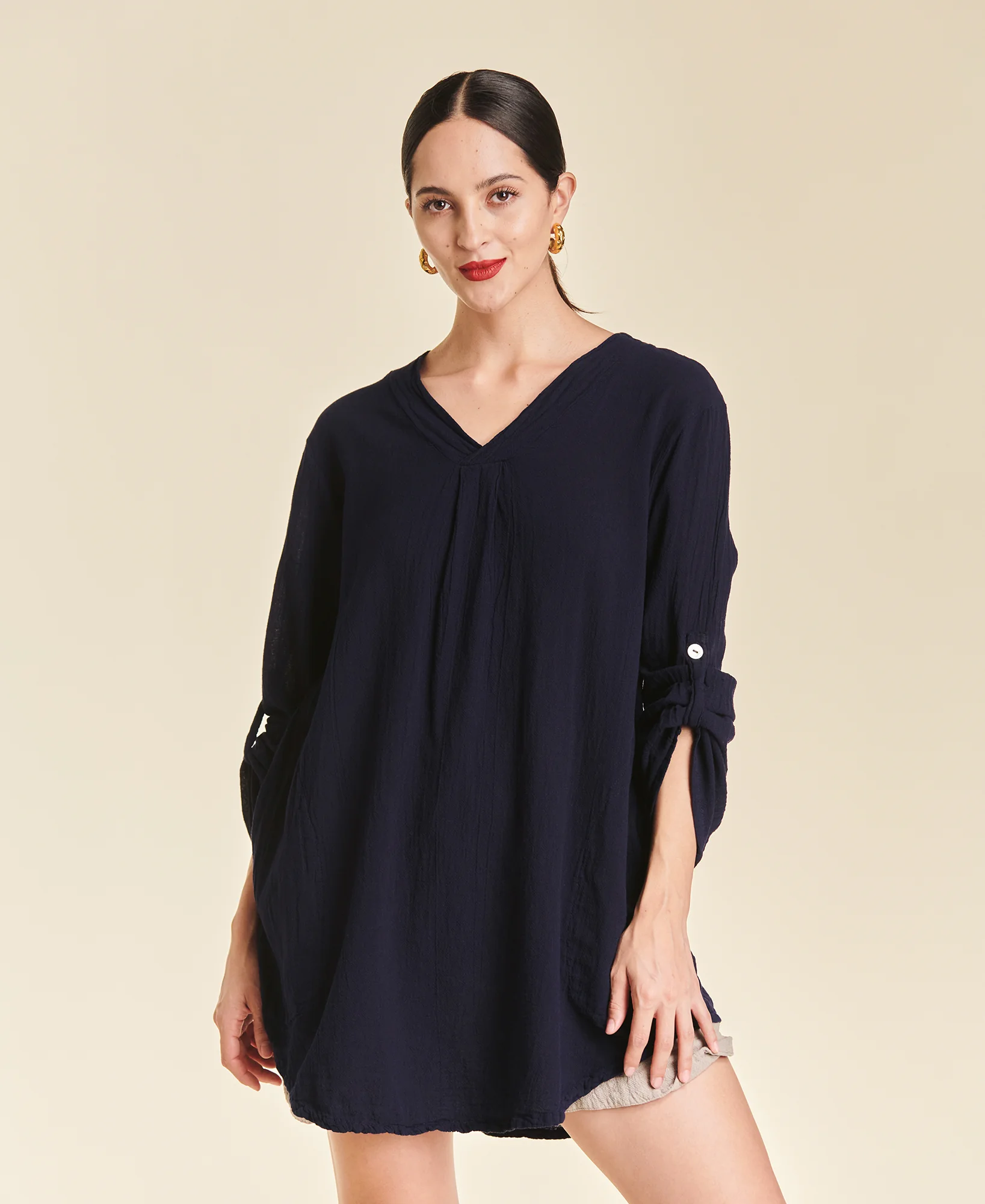 Blouse longue en gaze de coton avec poches